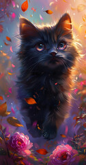 A cute black cat running through roses, with pink and purple pastel colors. AI generative