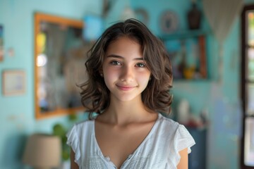 Obraz premium A young woman with brown hair and a white shirt is smiling at the camera