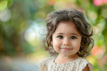 Fotobehang A young girl with brown hair and a white dress is smiling © top images
