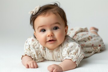 A baby girl is laying on her back with her head tilted to the side