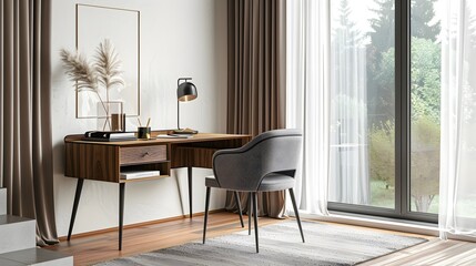 Home workplace with wooden writing desk and grey chair against window. Interior design of modern scandinavian home office. 