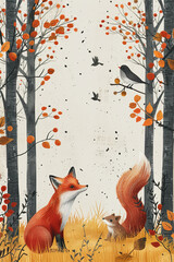 A fox, squirrel and bird in the forest. AI generative
