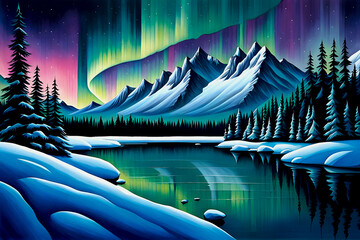 beautiful landscape watercolor painting of a nighttime aurora borealis, vivid streaks of colors in the night sky, over a reflective lake in the snowy mountains and pine forest