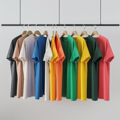 Close-up of Colorful t-shirts on hangers isolated on white background, copy space