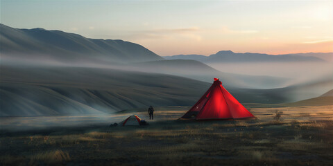 Person camping with red tent on the green field hill in misty morning
