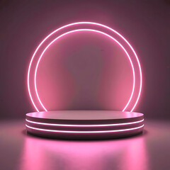 3d empty rounded podium with a sleek ring of neon lights. 3D Stage for Cosmetic Product Showcase: Premium Podium Mockup for Product Launches and Displays. Mockup, Pedestal, and Platform. Studio Room