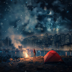 Person camping with red tent on the hill with city view at night with crescent moon