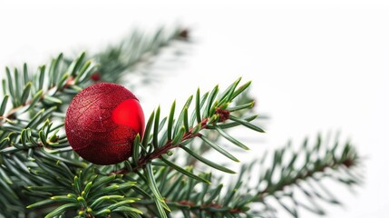 A green fir tree and red Christmas ball against a white background.