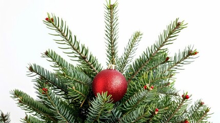 Obraz na płótnie Canvas A green fir tree and red Christmas ball against a white background.