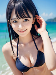 夏空のビーチでビキニの水着を着た笑顔の若い女性