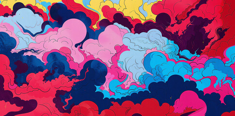 Kaleidoscopic Euphoria: Lively Abstract Pop Art Explosion with Retro 90s Charm, Featuring Whimsical Cloud Shapes in a Psychedelic Dance of Colors