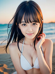 夏の夕暮れのビーチでビキニの水着を着た笑顔の若い女性