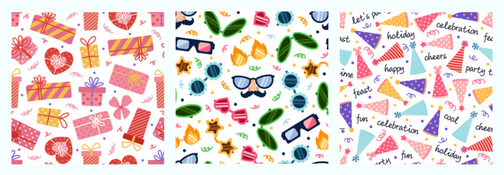 Party set of seamless vector patterns. Festive elements - birthday hats, colorful gifts with bows, funny glasses and carnival masks. Surprise for a birth, holiday, event. Backgrounds for celebration