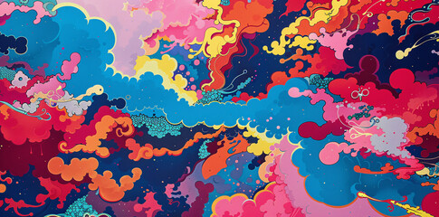 Fototapeta na wymiar Fantastical Chromatic Rhapsody: A Dazzling Retro 90s-Inspired Pop Art Canvas Brimming with Abstract Whimsy and Psychedelic Cloudscapes