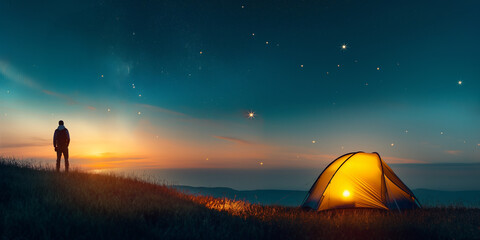 Person camping with yellow tent on the  field hill at night with stars - obrazy, fototapety, plakaty