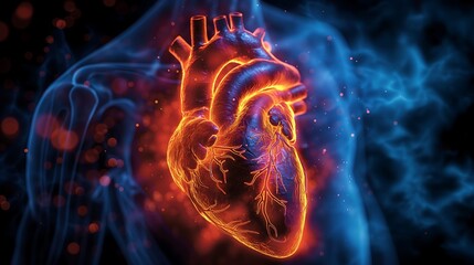 Illustration of a heart attack transparent background, in medical illustration style The human body is seen from the front and glows blue with an X-ray effect showing. AI image Generative