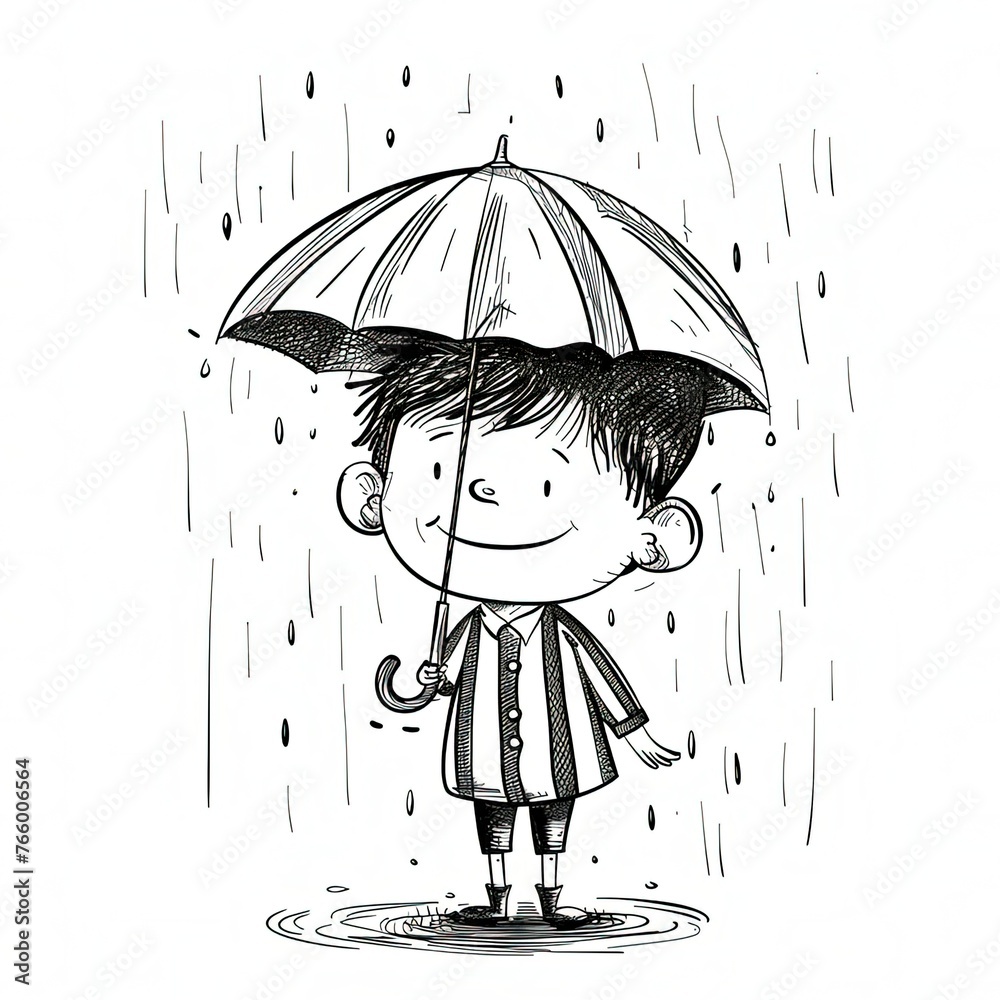 Canvas Prints a drawing of a boy holding an umbrella in the rain