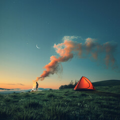 Person camping with green yellow on the hill with city view at night with crescent moon and milky way stars
