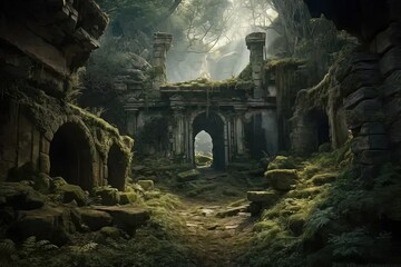 a dark forest with a stone arch and moss growing on the ground
