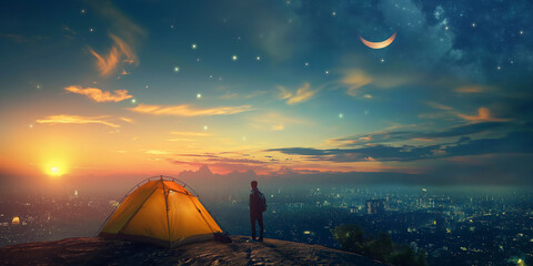 Person camping with yellow tent on the hill with city view at sunset with crescent moon - obrazy, fototapety, plakaty