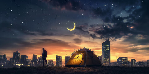Person camping with yellow tent on the hill with city view at night with moon and stars