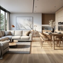 Fototapeta premium a living room filled with furniture and a large window