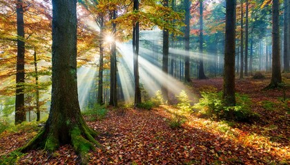 Autumn's Embrace: Sunbeams Filter Through Morning Forest Canopy