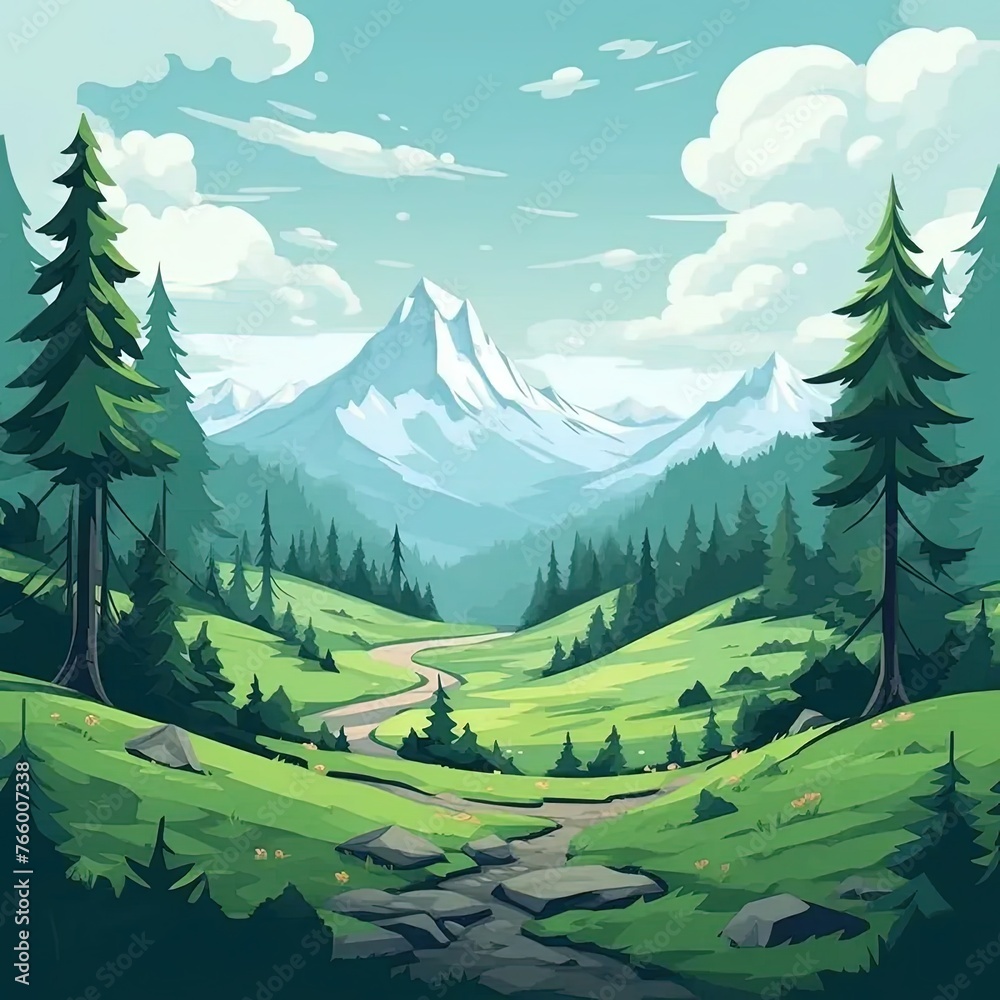 Poster a painting of a mountain landscape with trees