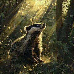a painting of a raccoon in a forest