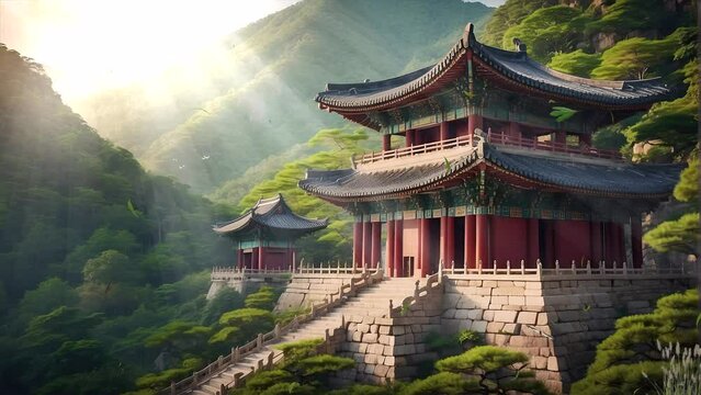 Explore the enchanting realm of anime backgrounds as you're transported to a fantasy scene depicting either a Chinese temple embraced by autumn hues or a Japanese temple amidst blooming sakura trees