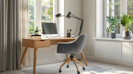 Home workplace with wooden writing desk and grey chair against window. Interior design of modern...