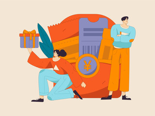 Use red envelopes to attract new customers and promote activity. Flat vector character concept illustration
