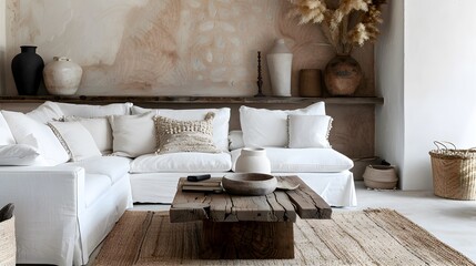Rustic wooden coffee table near white sofa against beige stucco wall. Boho home interior design of modern living room.
