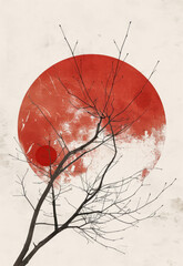 abstract red moon and bare tree branches against a textured background