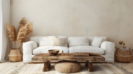 Rustic wooden coffee table near white sofa against beige stucco wall. Boho home interior design of modern living room.
