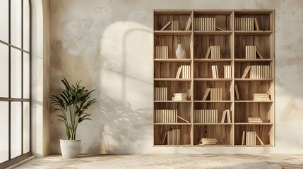 Wooden shelving unit, bookcase near beige stucco wall with copy space. Storage organization for home. Interior design of modern living room.