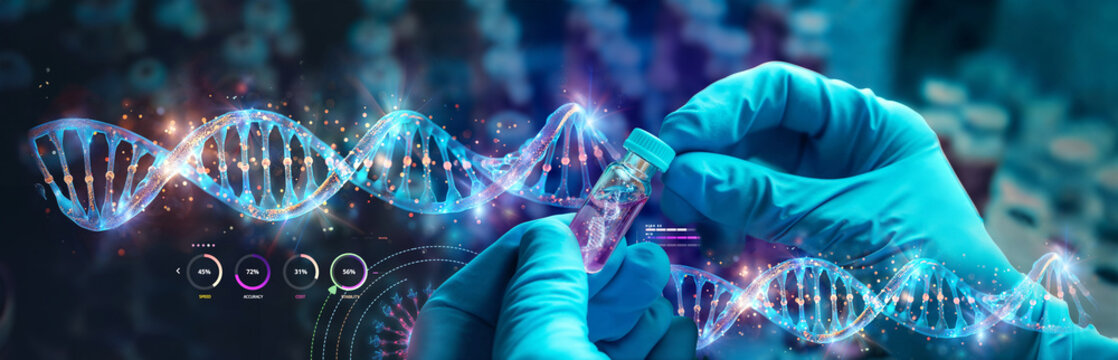 scientist holding medical testing tubes or vials of medical pharmaceutical research with blood cells and virus cure using DNA genome sequencing biotechnology as wide banner hologram