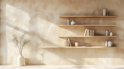 Wooden shelving unit, bookcase near beige stucco wall with copy space. Storage organization for...