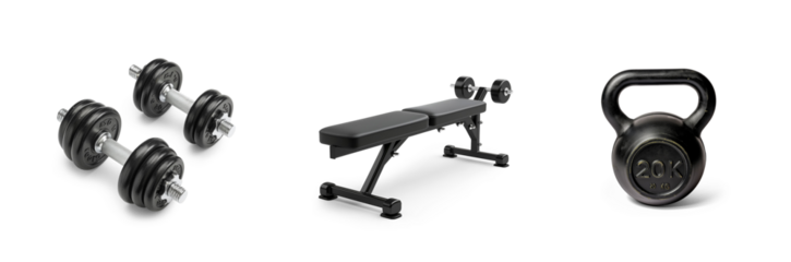 gym weights and training fitness equipment, athletic active workout body building, bumbbells, treadmill and boxing gloves, punch bag set icons isolated on transparent png cutout background