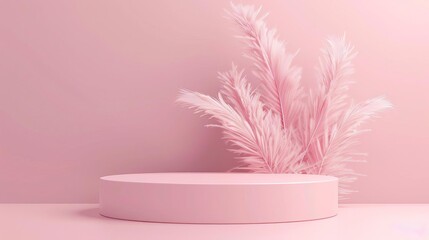 Minimal pink podium with soft feathers, mock up for product display, 3D rendering