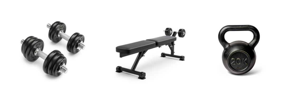 gym weights and training fitness equipment, athletic active workout body building, bumbbells, treadmill and boxing gloves, punch bag set icons isolated on transparent png cutout background