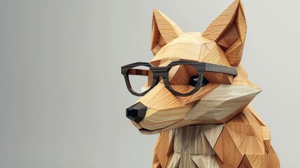 Stylized Wooden Fox Sculpture Wearing Glasses, Creative Animal Concept Illustration