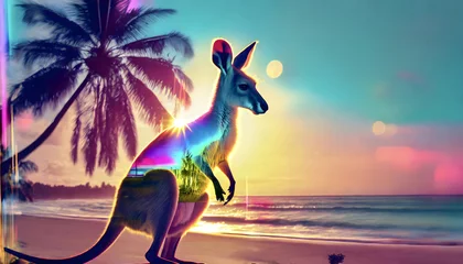 Selbstklebende Fototapeten kangaroo, Doppelbelichtung, y2k, neon, vibrant, bunt, palmen, glow, blur, pink, turquoise, beach, meer, urlaub, tropisch, neu, modern, copy space, karte, konzept, reklame, Australien © jeepbabes