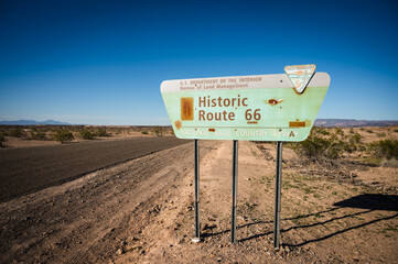 Historic Route 66 sign along Highway 10 in Arizona, USA.