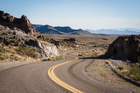 Historic Route 66 winds along Highway 10 in Arizona, USA.