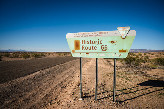 Historic Route 66 sign along Highway 10 in Arizona, USA.