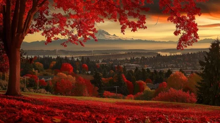 Rolgordijnen A photo of red autumn leaves with Mount Rainier in the background, captured in Burien, Washington. © Emil