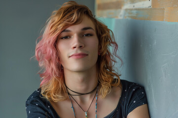 Transsexual woman, a person with gender transition from male to female with dyed hair and on a wall with a gay pride attitude - obrazy, fototapety, plakaty