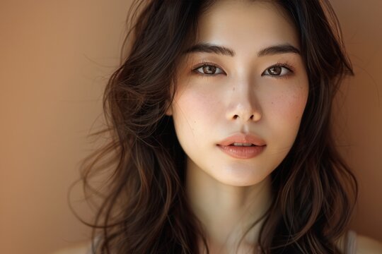 Close up of beautiful asian woman wearing make up looking at camera against brown background.