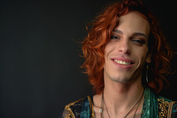 Transsexual woman, person with gender transition from male to female, copy space with a smile on a grey background of a redhead in a dress, gay pride day